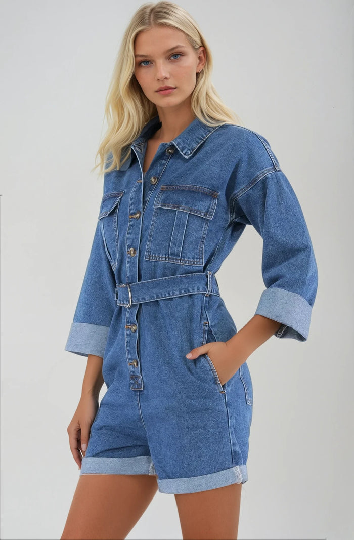 LONGLINE BELTED DENIM UTILITY ROMPER W4488RIA