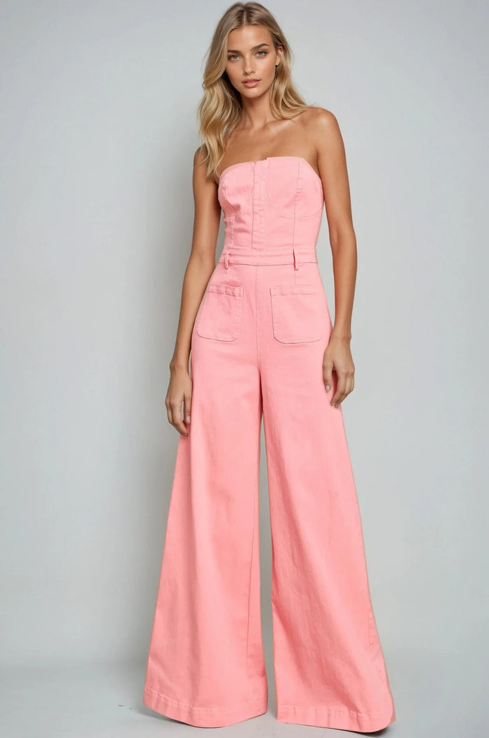 OFF SHOULDER WIDE LEG DENIM JUMPSUIT W4406RIC