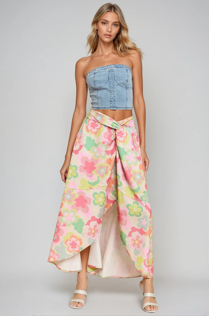 FLORAL PRINT LINEN FAUX WRAP MAXI SKIRT W5331SIA