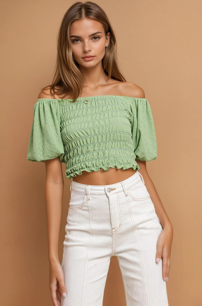 SMOCKED TOP WITH DOUBLE BUBBLE POOF SLEEVES W1498