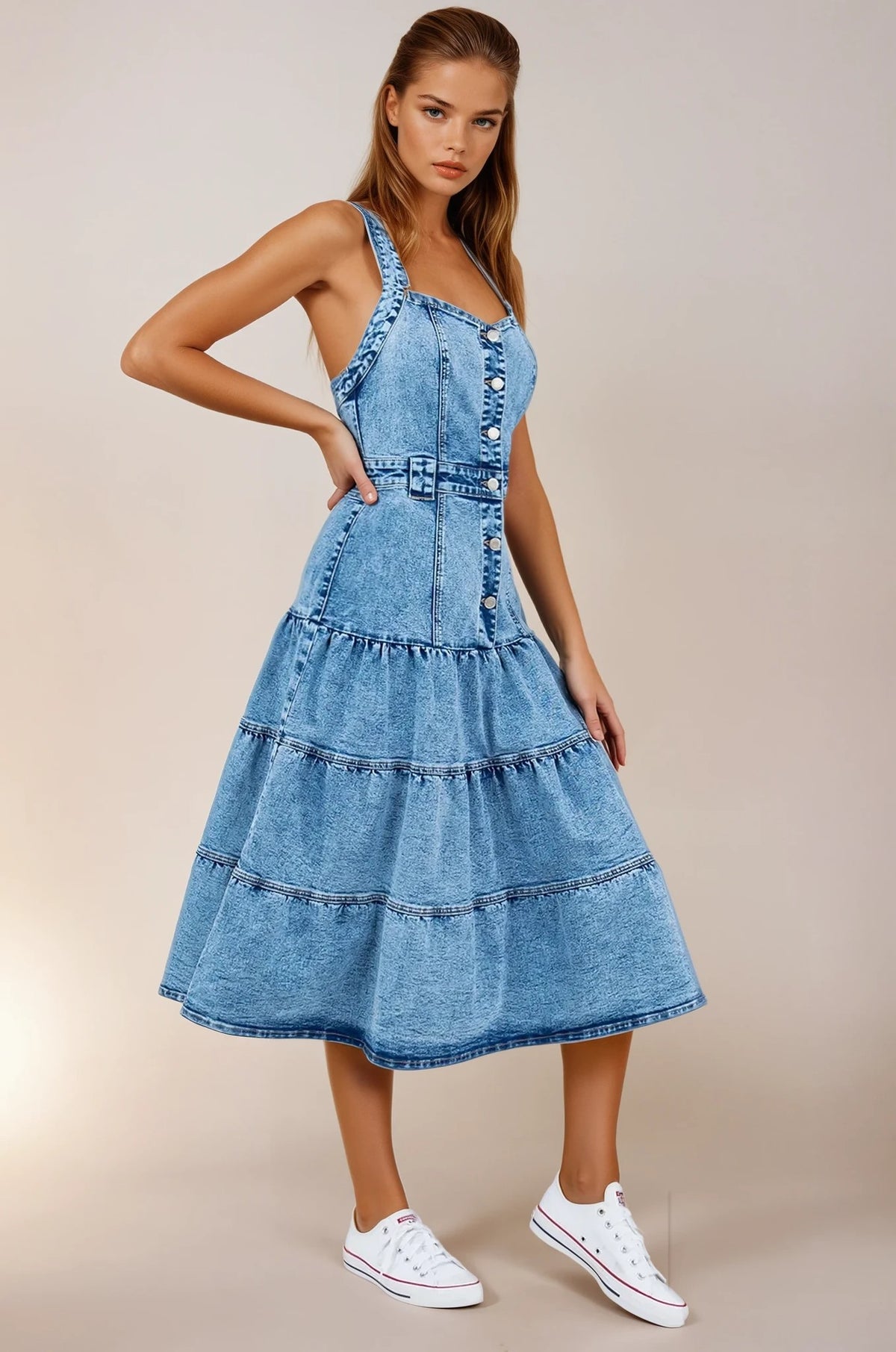 BOHO PREMIUM DENIM TIERED DRESS W3328DIA – Wisteria Lane