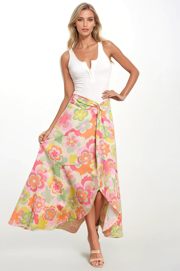 FLORAL PRINT LINEN FAUX WRAP MAXI SKIRT W5331SIA