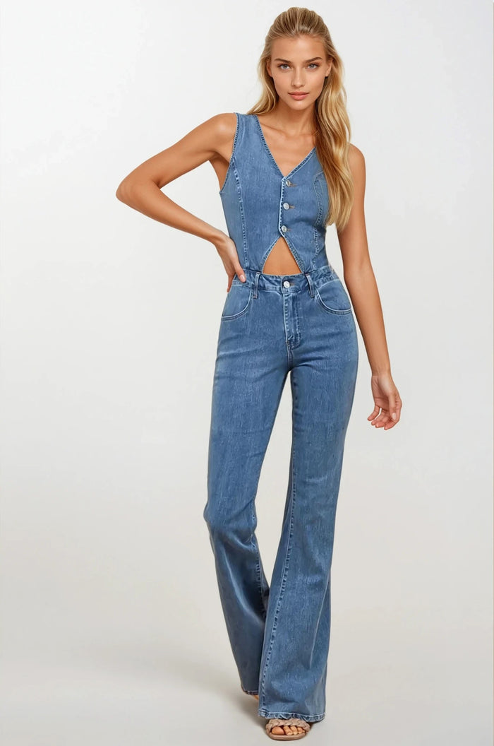 CUT OUT BOOTCUT DENIM JUMPSUIT W4441RIA