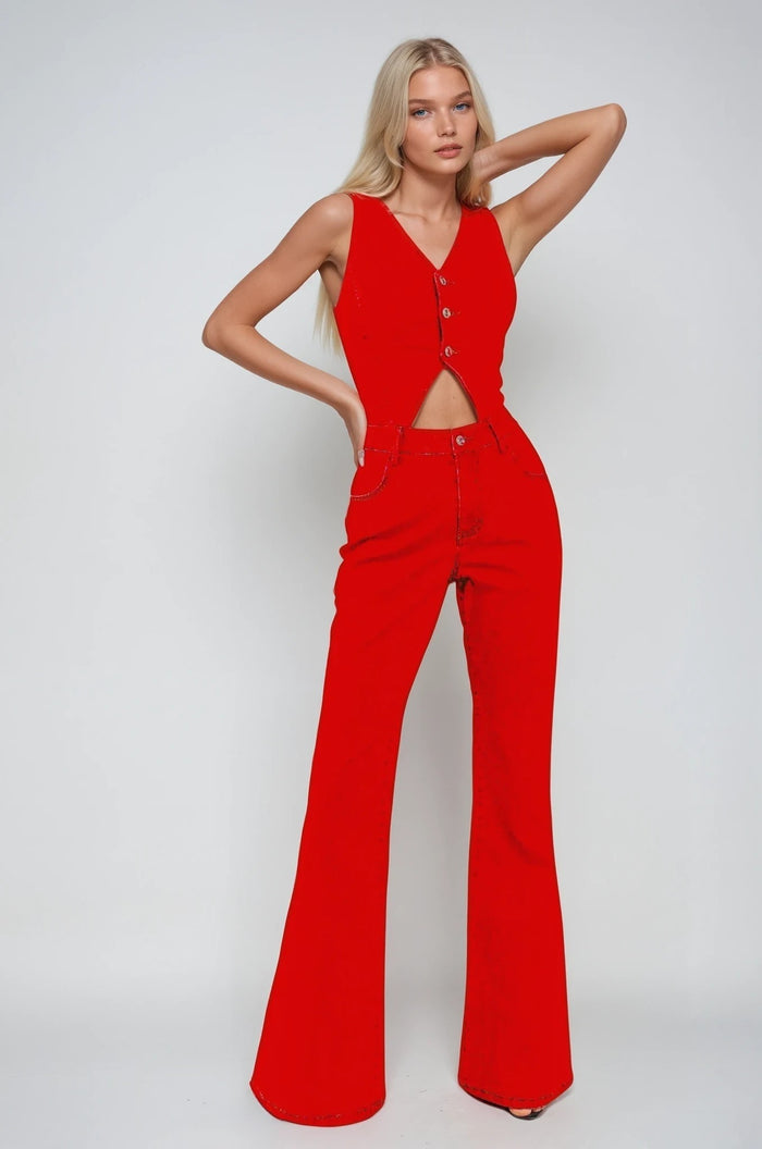 CUT OUT BOOTCUT DENIM JUMPSUIT W4441RIB