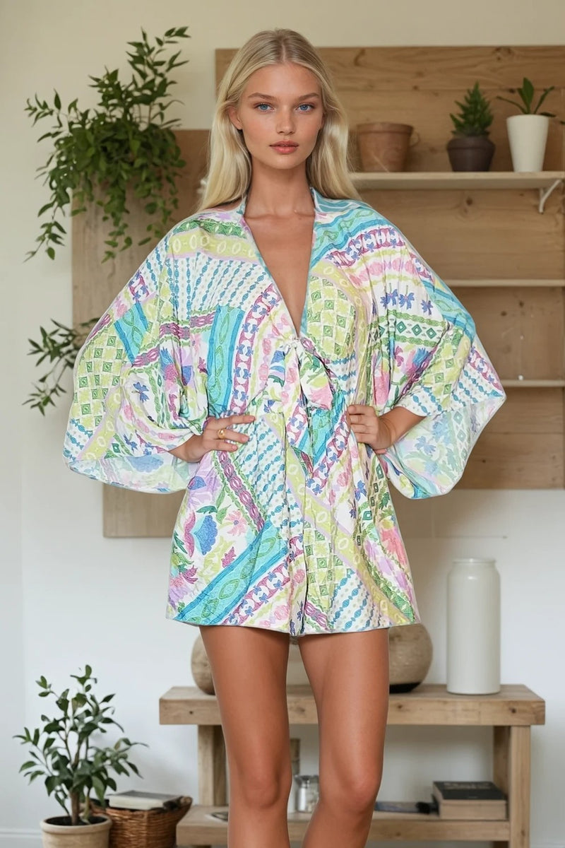BATWING SLEEVED BOHO PAISLEY PRINT ROMPER W4411RL