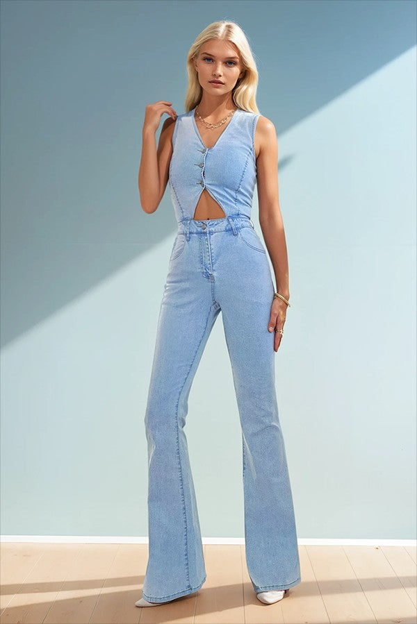 CUT OUT BOOTCUT DENIM JUMPSUIT W4441RIA