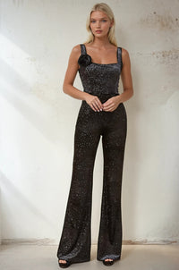 GLITTER VELVET JUMPSUIT WITH FLOWER CORSAGE W4472RA
