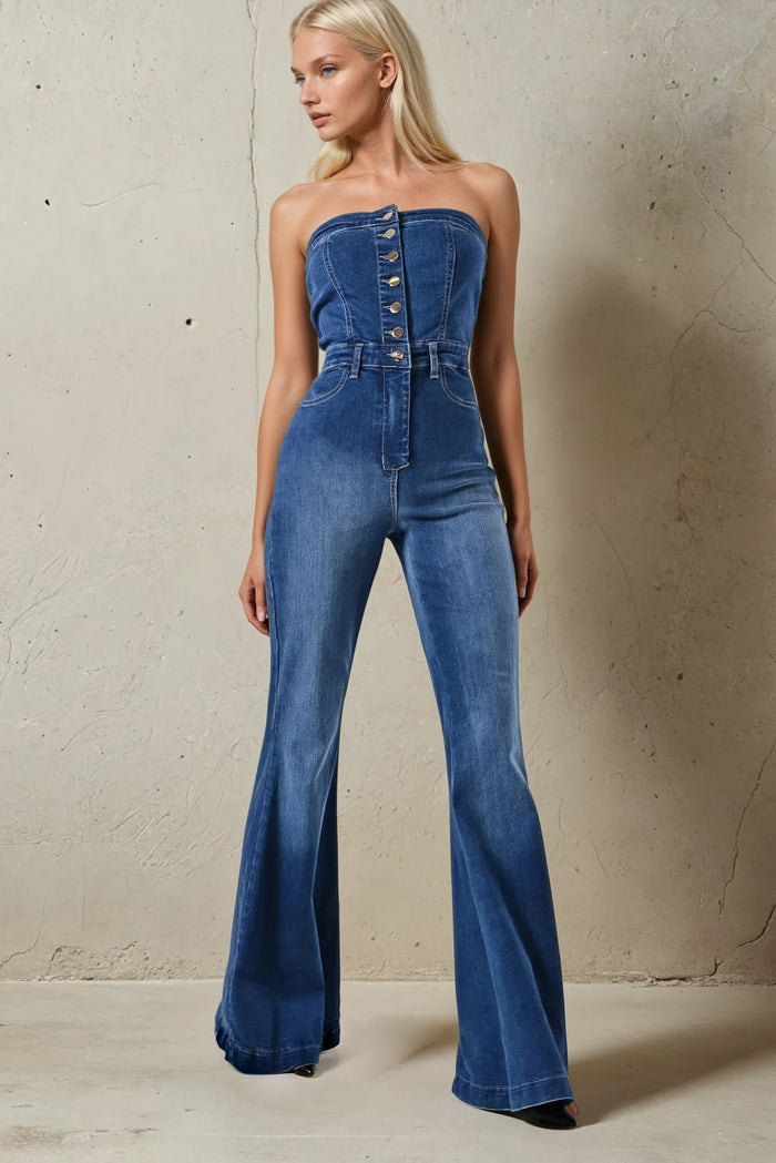 TUBE BUTTONED FLARED DENIM JUMPSUIT W4421RIA