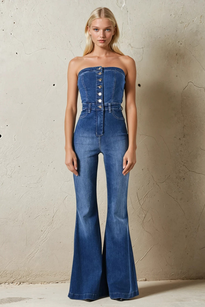 TUBE BUTTONED FLARED DENIM JUMPSUIT W4421RIA