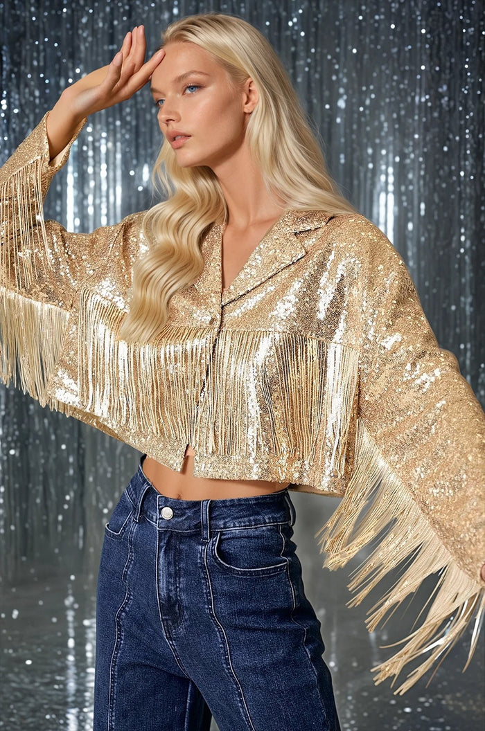 GOLD SEQUINS FRINGED BLAZER W6317JIA