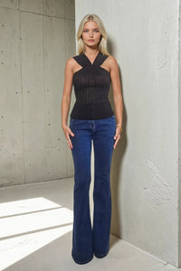 SHEER RIBBED LUXE HALTER DETAIL SLEEVELESS TOP W1567TIA