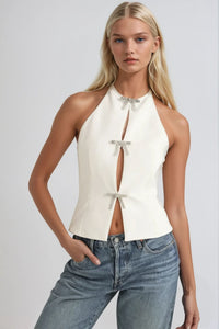 HALTER RHINESTONE BOW TIE SLEEVELESS BLOUSE W1591TIA