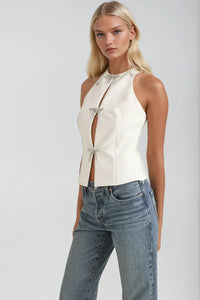 HALTER RHINESTONE BOW TIE SLEEVELESS BLOUSE W1591TIA