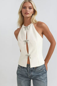 HALTER RHINESTONE BOW TIE SLEEVELESS BLOUSE W1591TIA