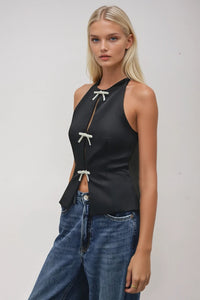 HALTER RHINESTONE BOW TIE SLEEVELESS BLOUSE W1591TIA