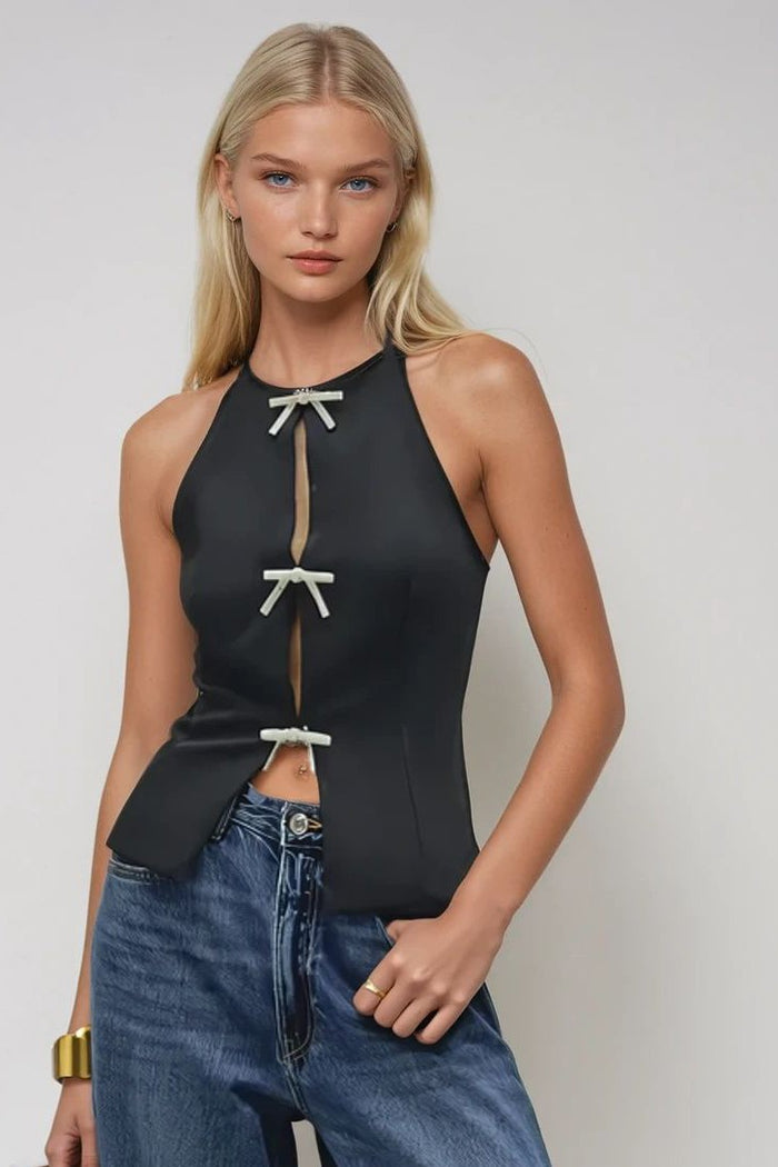 HALTER RHINESTONE BOW TIE SLEEVELESS BLOUSE W1591TIA