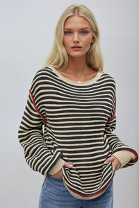STRIPED TEXTURED BOATNECK PULLOVER SWEATER W1582TIA