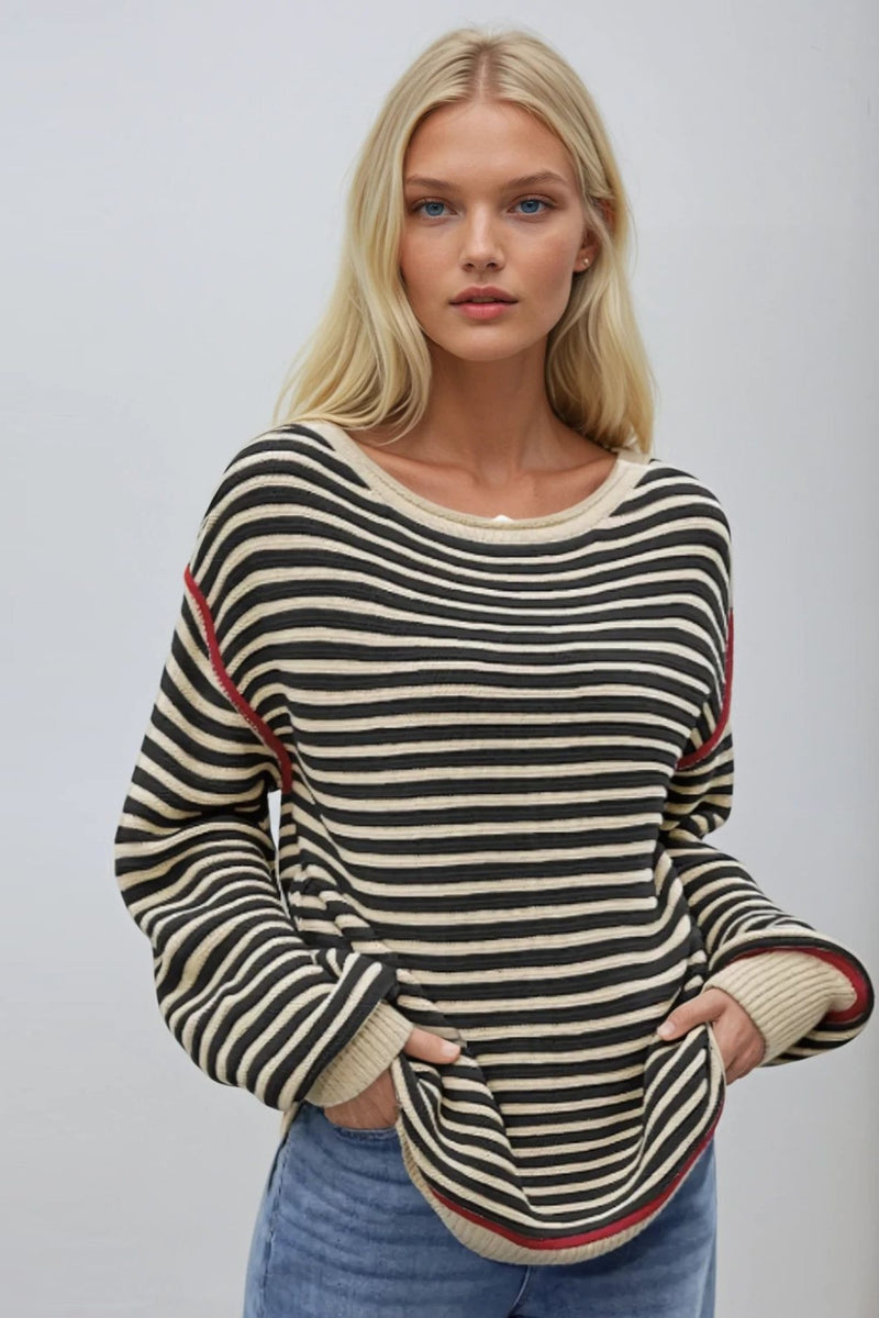 STRIPED TEXTURED BOATNECK PULLOVER SWEATER W1582TIA