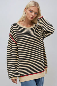 STRIPED TEXTURED BOATNECK PULLOVER SWEATER W1582TIA