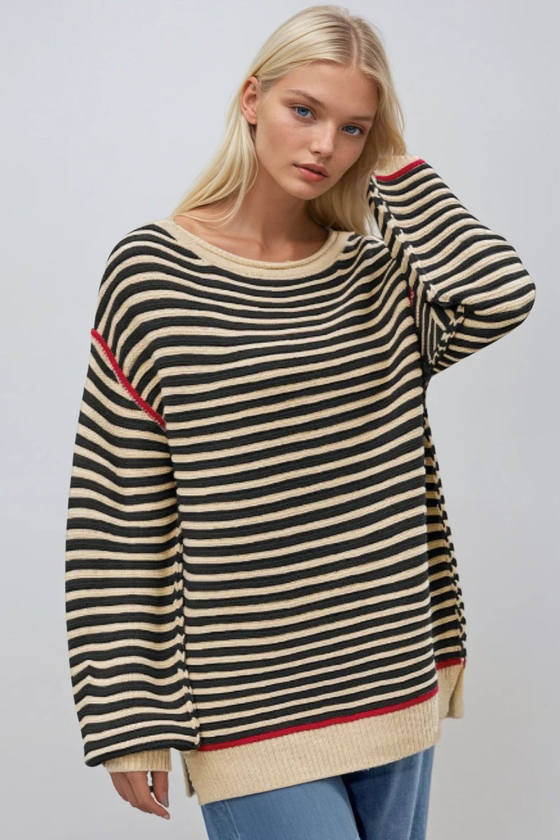 STRIPED TEXTURED BOATNECK PULLOVER SWEATER W1582TIA