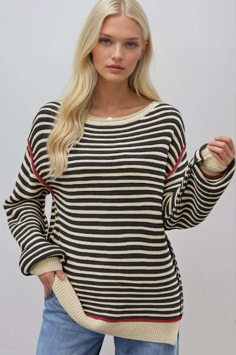 STRIPED TEXTURED BOATNECK PULLOVER SWEATER W1582TIA