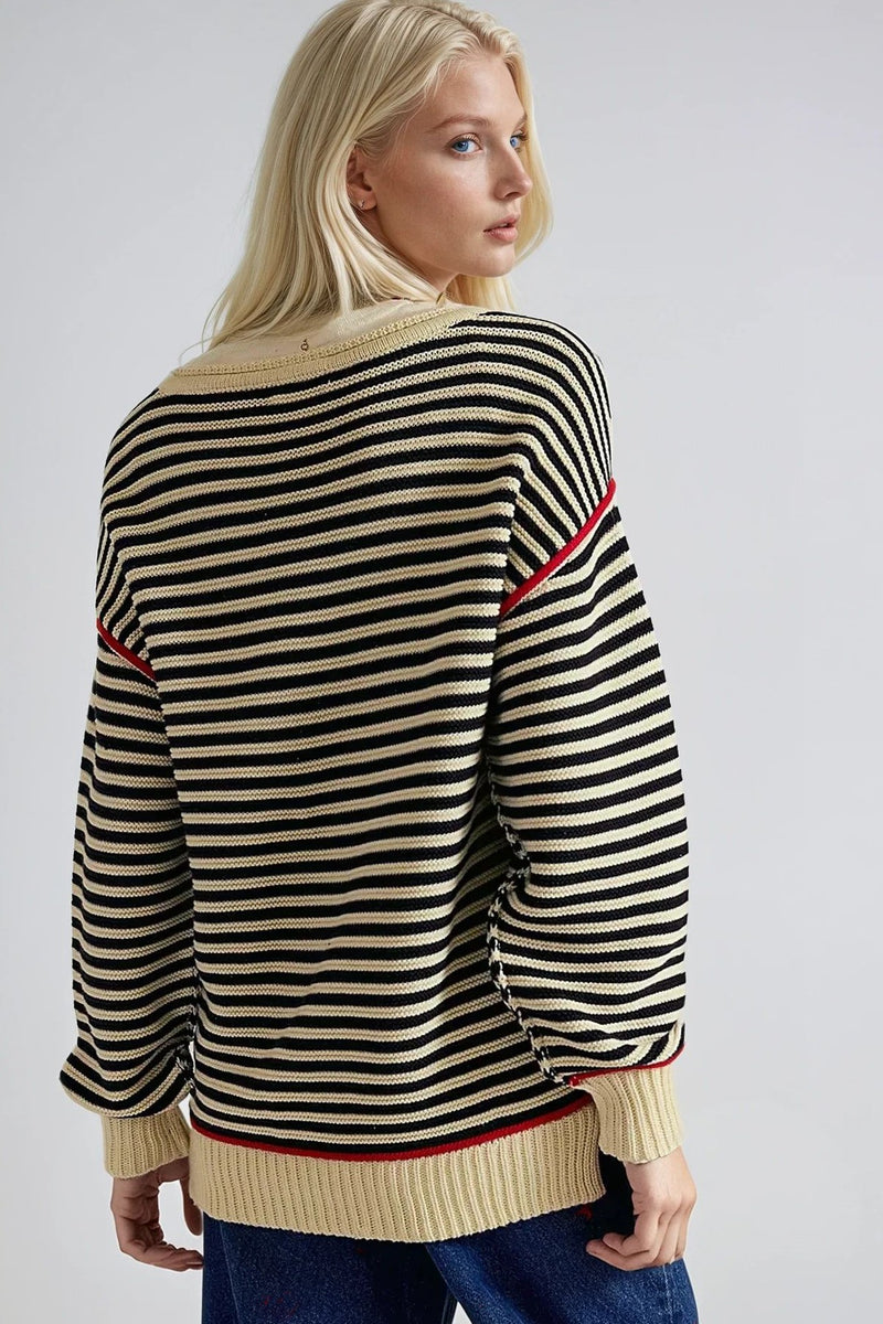 STRIPED TEXTURED BOATNECK PULLOVER SWEATER W1582TIA