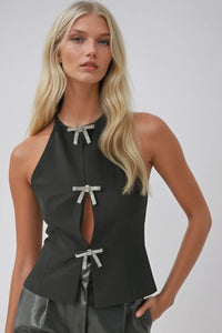 HALTER RHINESTONE BOW TIE SLEEVELESS BLOUSE W1591TIA