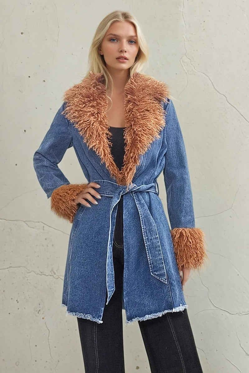 FAUX FUR DENIM COAT W6376JIA