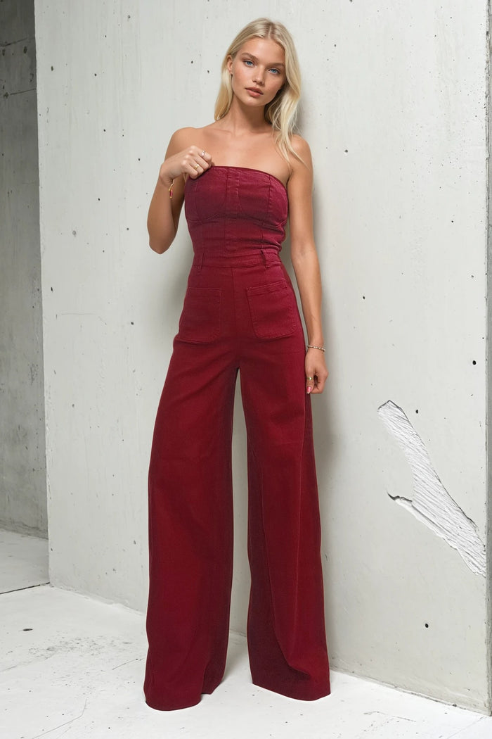 OFF SHOULDER WIDE LEG DENIM JUMPSUIT W4406RIC