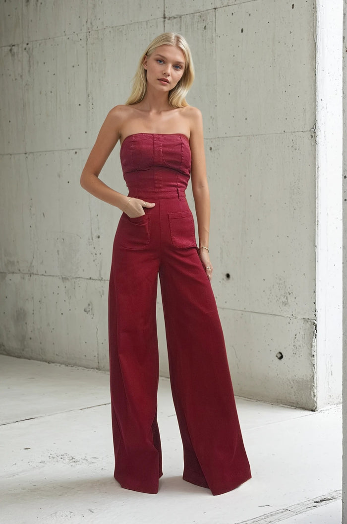 OFF SHOULDER WIDE LEG DENIM JUMPSUIT W4406RIC