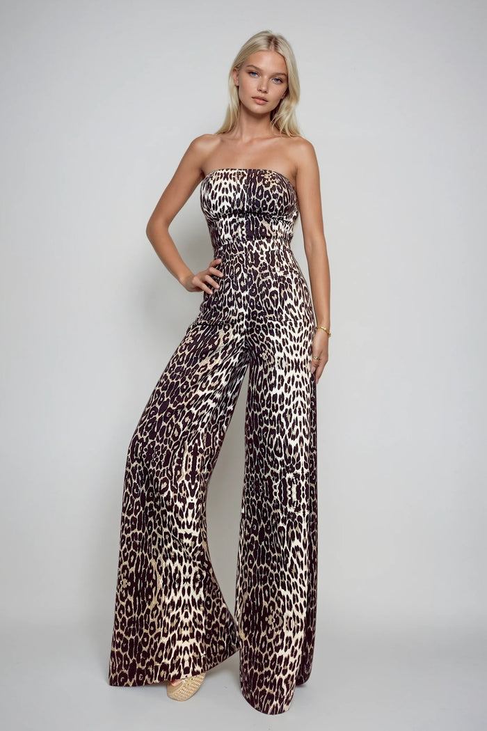 WIDE LEG LEOPARD PRINT TUBE DENIM JUMPSUIT W4406RIE XL