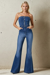 TUBE BUTTONED FLARED DENIM JUMPSUIT W4421RIA