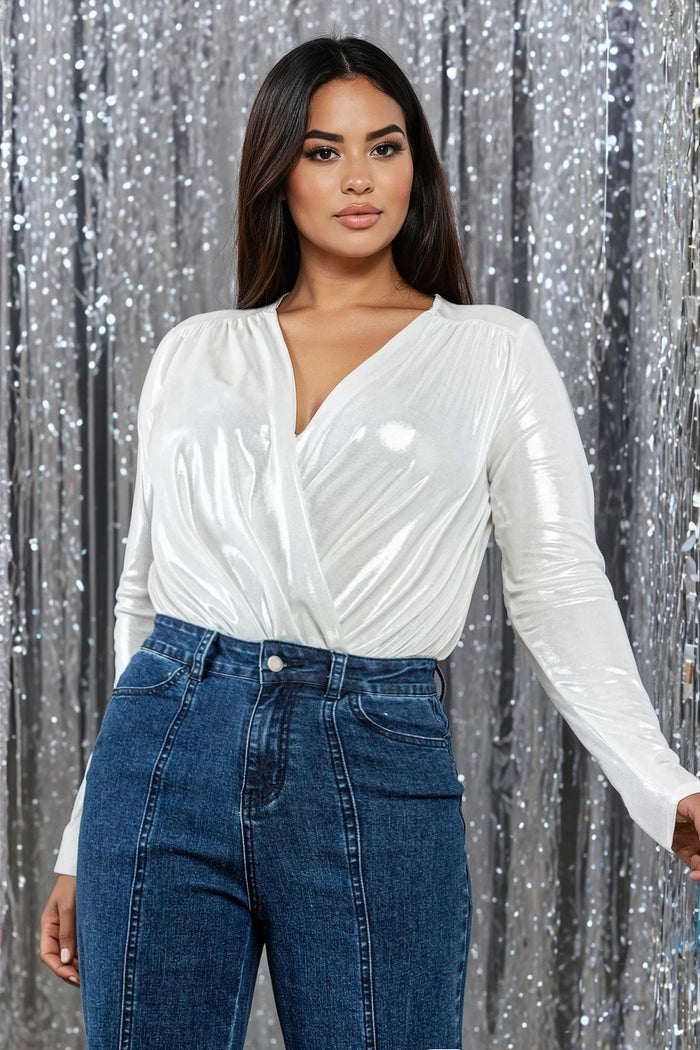 METALLIC SLINKY LONG SLEEVE SURPLICE BODYSUIT W1499RBx