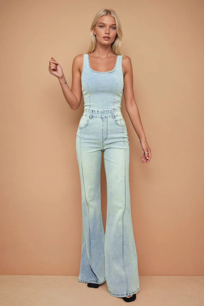 SLEEVELESS STRETCH WIDE LEG DENIM JUMPSUIT W4423RIA