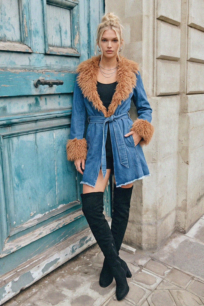 FAUX FUR DENIM COAT W6376JIA