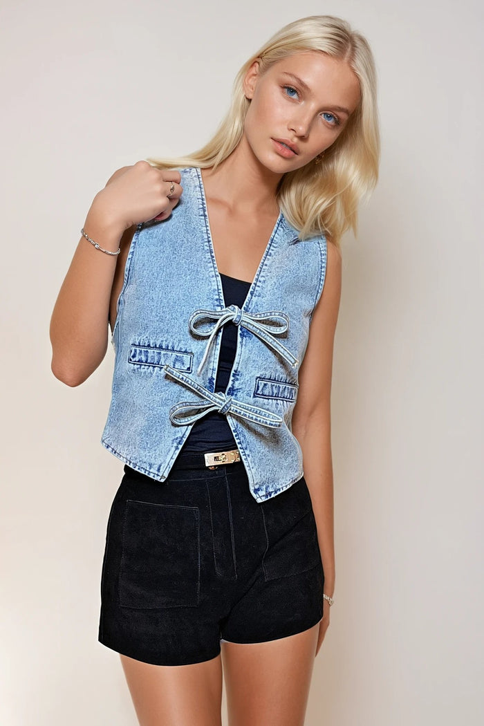 FRONT DOUBLE TIE DENIM VEST W6189JIA