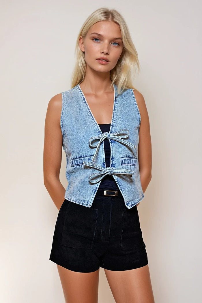 FRONT DOUBLE TIE DENIM VEST W6189JIA