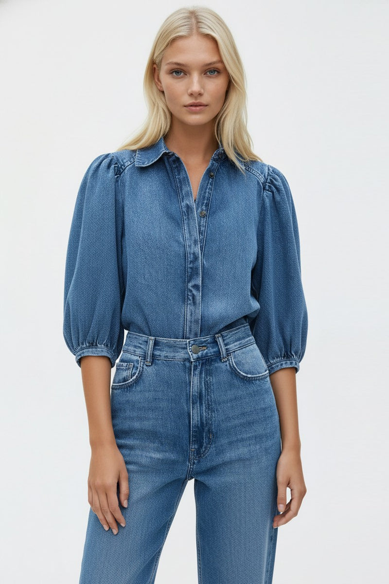 BALLOON SLEEVED DENIM SHIRTING W1576TIA