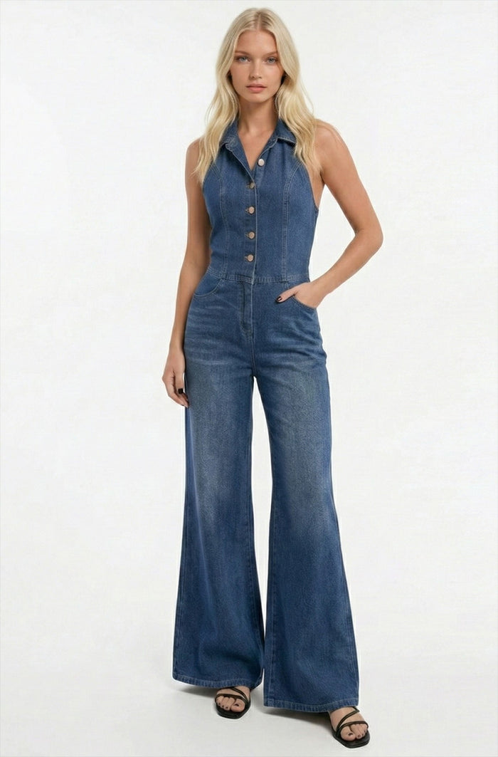 WIDE LEG HALTER NECK RIGID DENIM JUMPSUIT W4489RIB