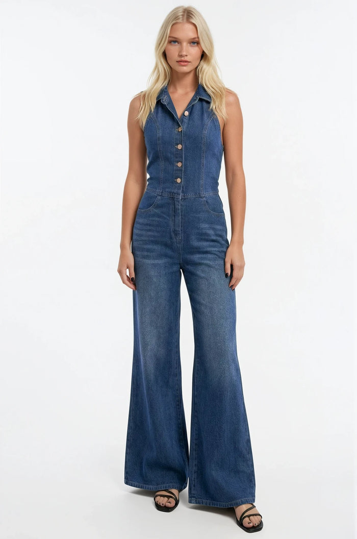 WIDE LEG HALTER NECK RIGID DENIM JUMPSUIT W4489RIB