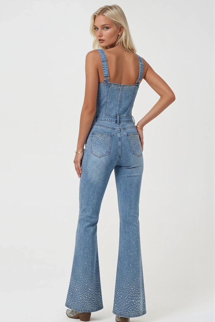 RHINESTONE DETAILED DENIM JUMPSUIT W4512RIA XL