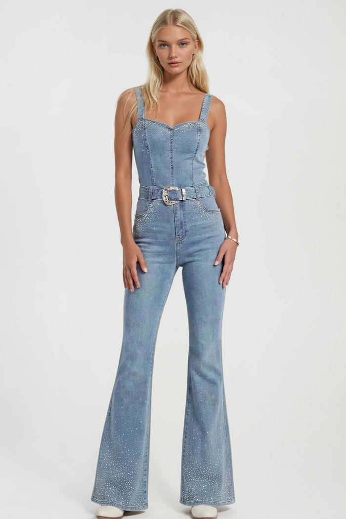 RHINESTONE DETAILED DENIM JUMPSUIT W4512RIA XL