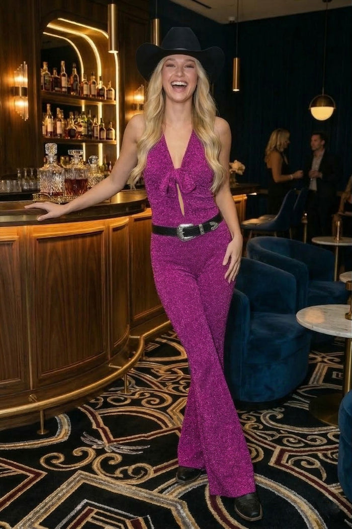 METALLIC FOIL STRETCH KNIT FLARE JUMPSUIT  W4420RA