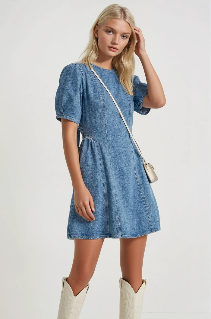 RIGID DENIM ALINE MINI DRESS WITH TIE DETAIL IN BACK W3213DIA