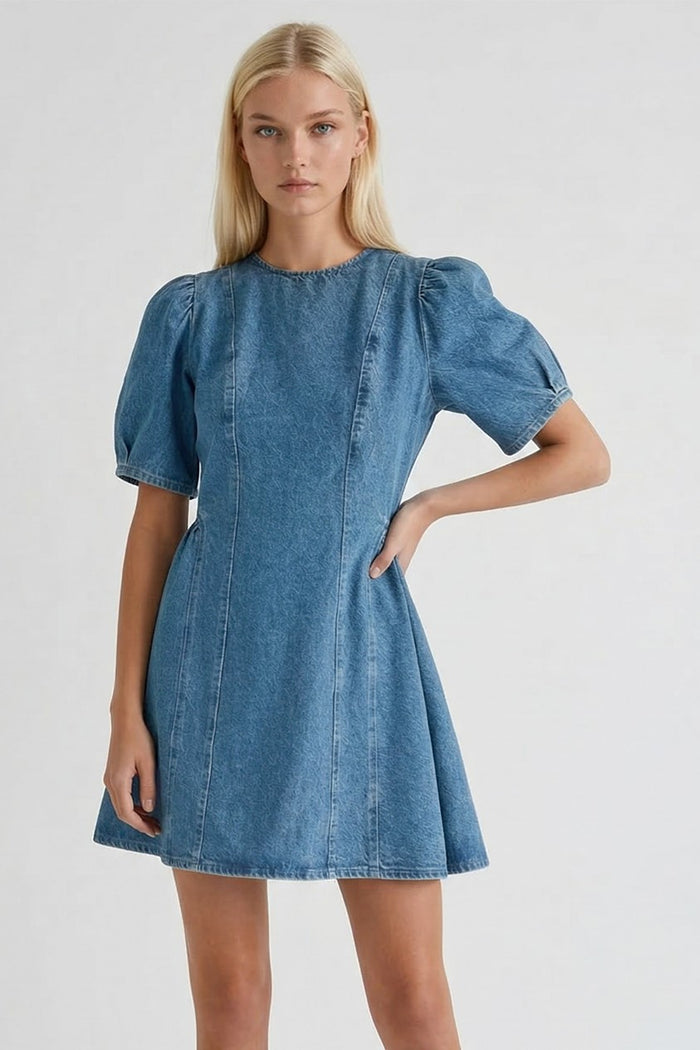 RIGID DENIM ALINE MINI DRESS WITH TIE DETAIL IN BACK W3213DIA