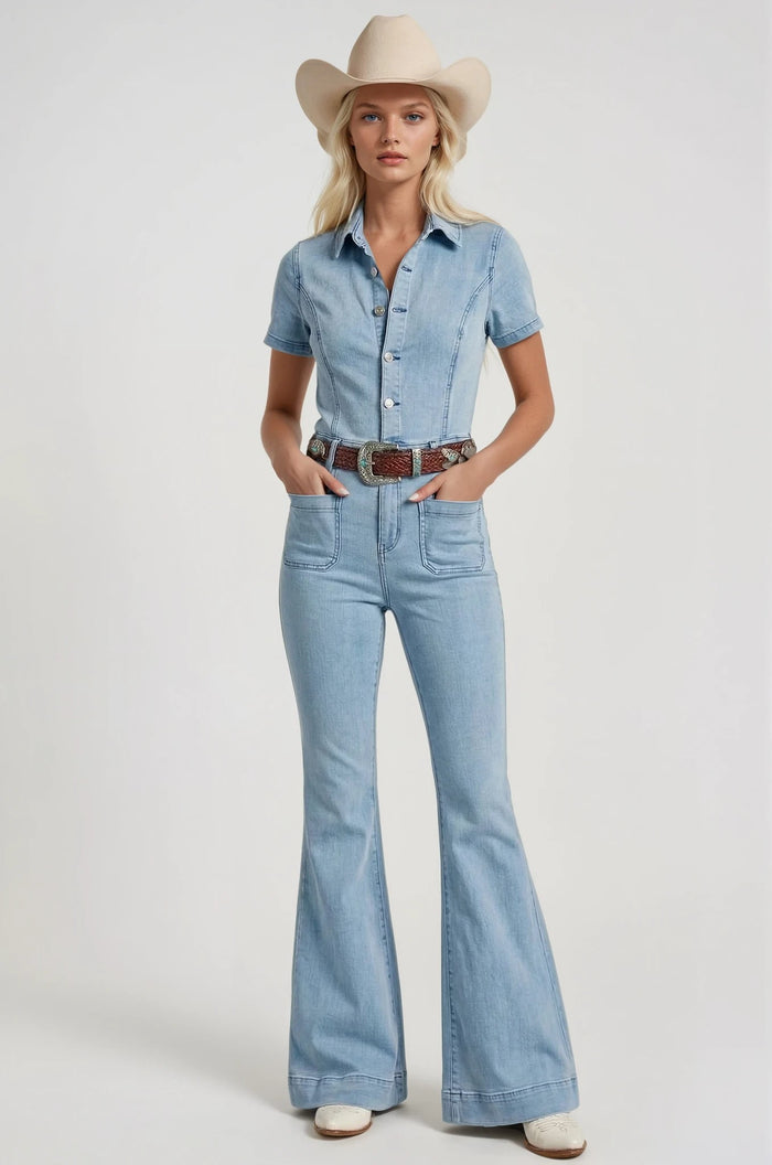 DENIM FLARED JUMPSUIT-W4330RIA