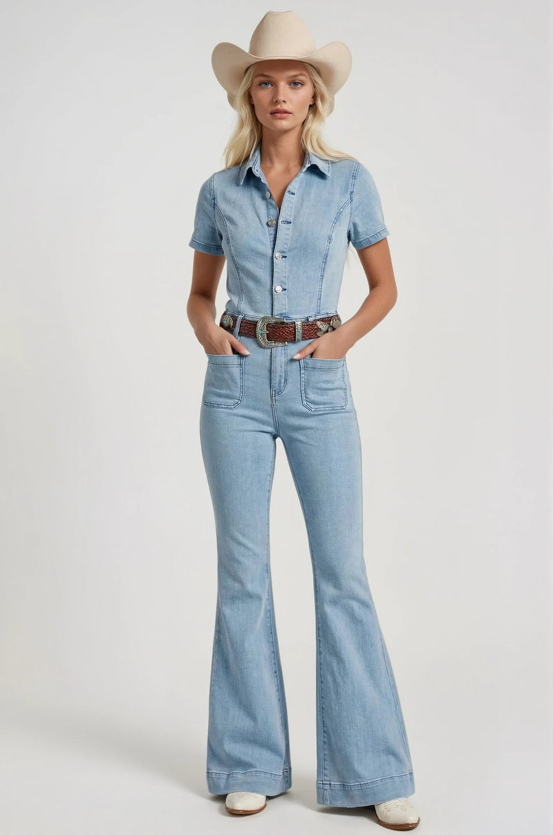 DENIM FLARED JUMPSUIT-W4330RIA