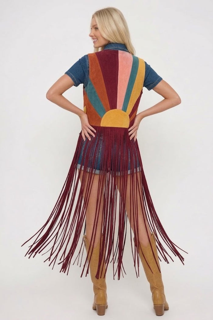 MAXI COLORBLOCK SUNRISE FAUX SUEDE VEST W6312JIB