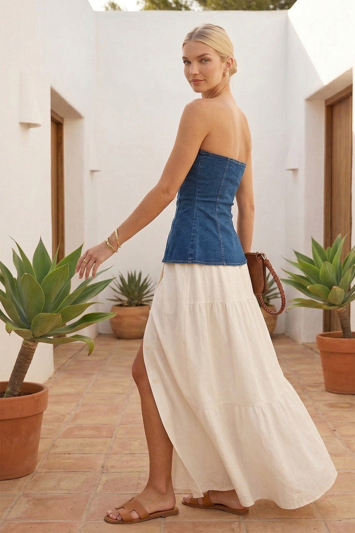 STRAPLESS GOLD BUTTON DENIM PEPLUM TOP W1515TIA