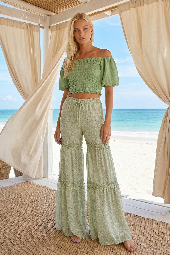 CHIFFON FLORAL PRINT TIERED PALAZZO PANTS W2373PF